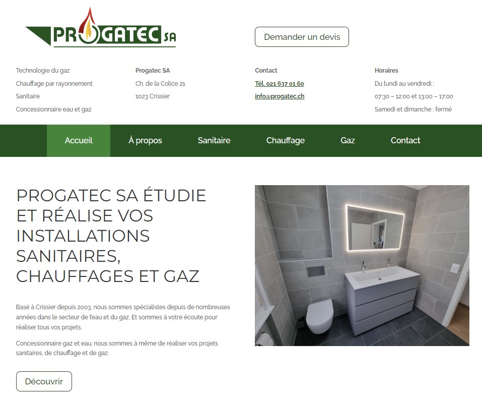 Accueil site web Progatec SA